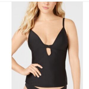 Bar III BLACK Solid Plunging Molded Cup Tankini Swim Top US Large
